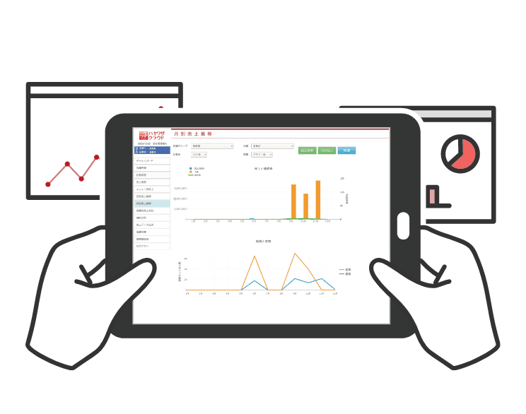 タブレットで売り上げ状況を確認しているイラスト